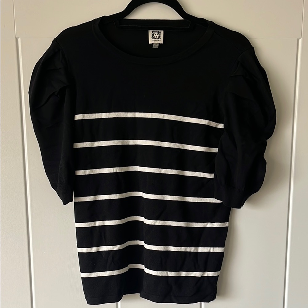Anne Klein Black and White Striped Puff Shoulder Top